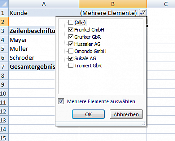 Auswahl mehrerer Elemente im Berichtsfilter einer Pivot-Tabelle