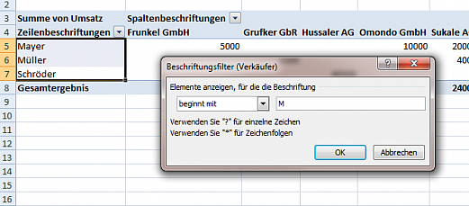 Beschrifungsfilter im Zeilenfilter: "Beginnt mit ..."