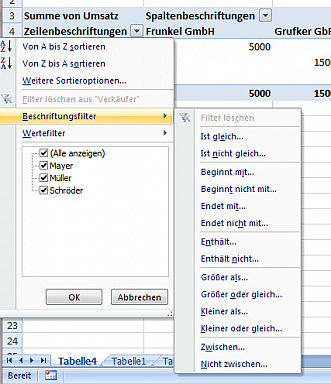 Beschriftungsfilter, um Zeilen in einer Pivot-Tabelle zu filtern