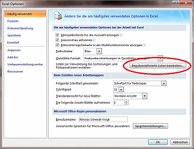 Menüpunkt "Benutzerdefinierte Liste bearbeiten"
