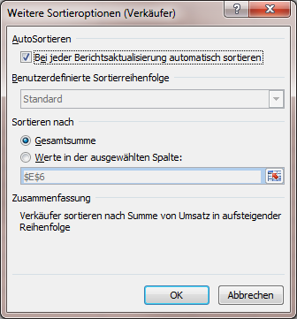 Weitere Optionen zum Sortieren einer Pivot-Tabelle