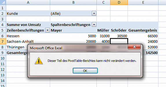 Fehlermeldung beim Löschen einer Pivot-Tabelle